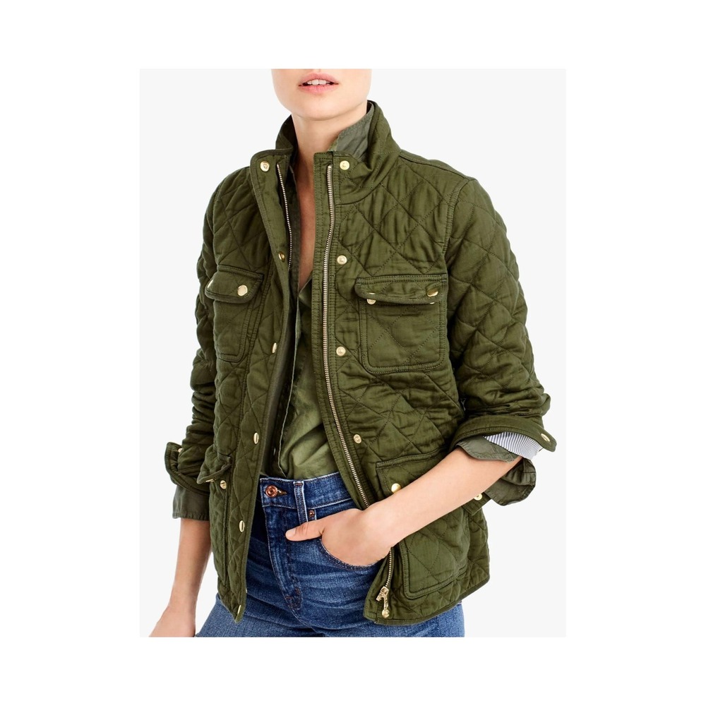 J.Crew Women Olive Green Quilted Jacket Small Herringbone Utility